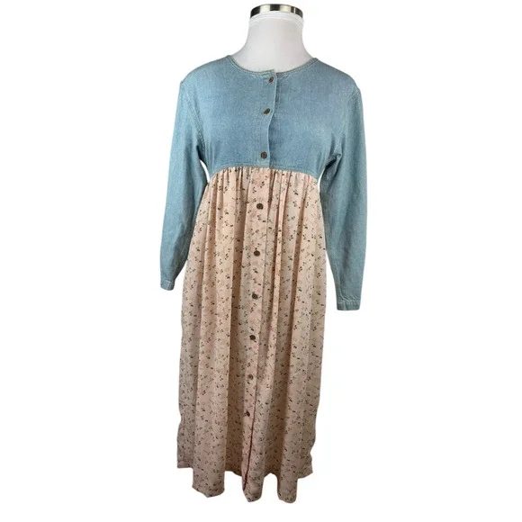 Vtg 90s Express Prairie Dress Denim Bodice Floral Maxi Cottagecore Coquette M - Picture 4 of 15
